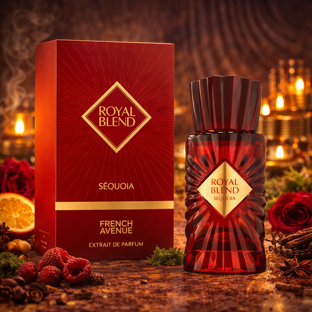 Roter Parfumflakon „Royal Blend Séquoia – French Avenue Extrait de Parfum“ mit passender roter Verpackung in Goldprägung, inszeniert vor warmem Kerzenlicht mit Rosen, Himbeeren, Orangenscheiben und Gewürzen – luxuriöse, sinnliche Duftpräsentation.