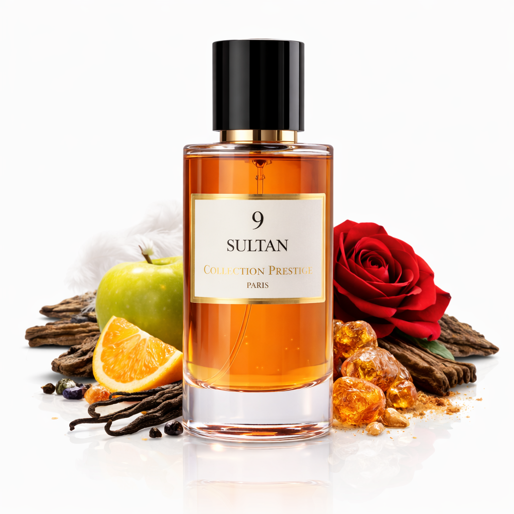 Sultan 9 Eau de Parfum von Collection Prestige Paris im eleganten Glasflakon mit schwarzem Deckel und bernsteinfarbenem Duft, arrangiert mit Apfel, Orange, roter Rose, Vanille, Gewürzen und Harz – warmer, orientalisch-würziger Duft