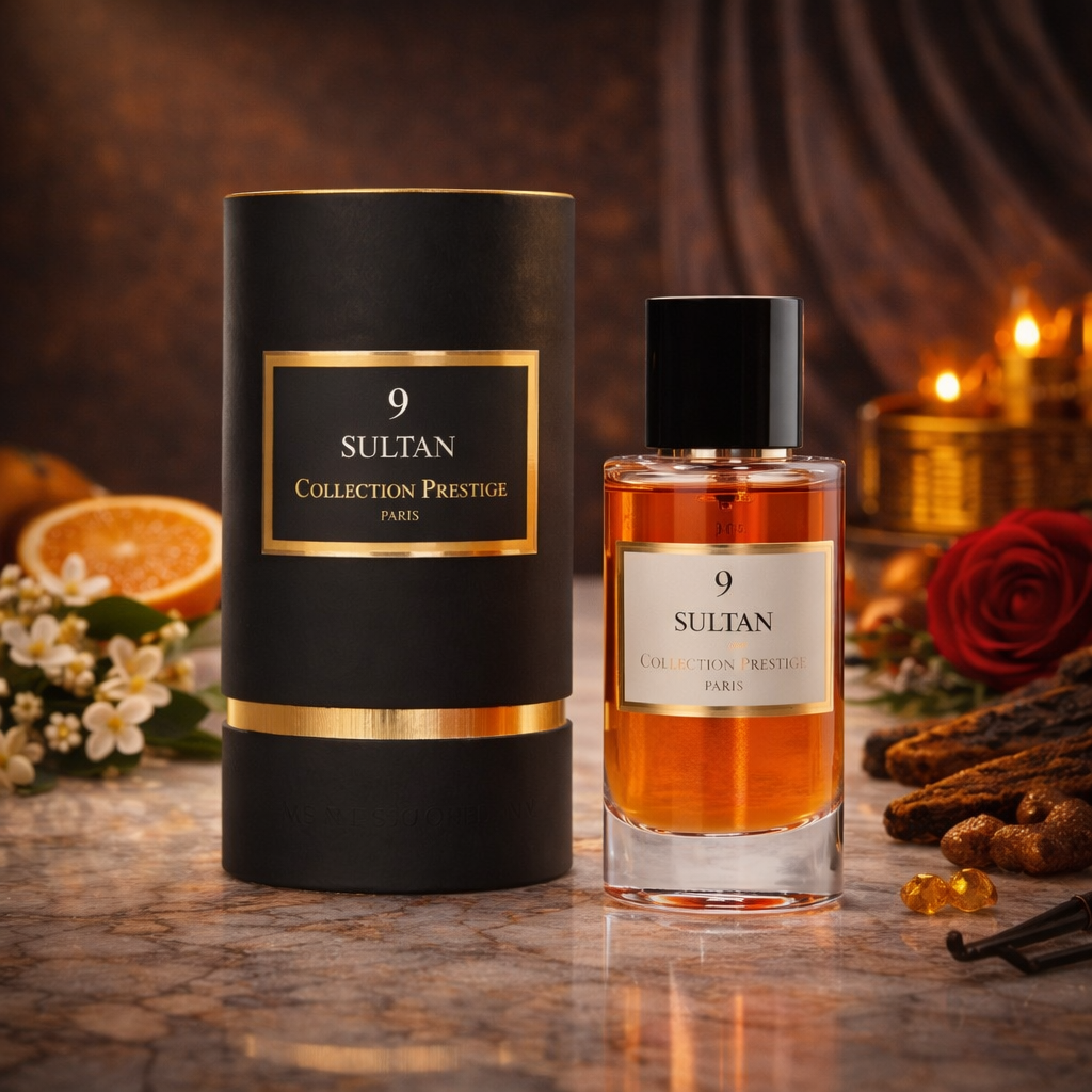 Sultan 9 Eau de Parfum von Collection Prestige Paris mit schwarzer zylindrischer Verpackung und klarem Glasflakon mit bernsteinfarbenem Duft und schwarzem Deckel, dekoriert mit Orange, weißen Blüten, roter Rose, Gewürzen und warmem Kerzenlicht im Hintergrund.