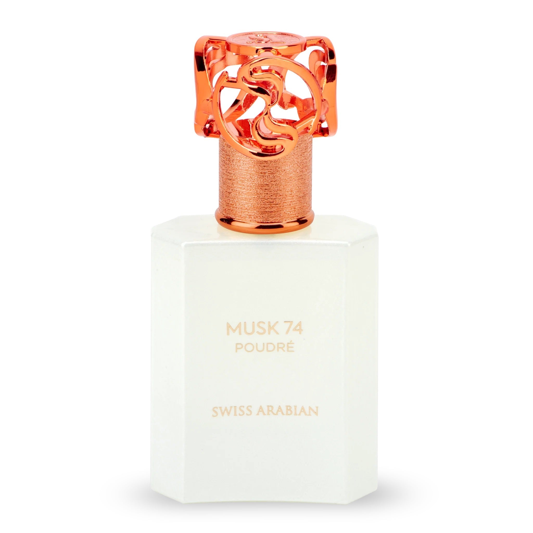 Swiss Arabian Musk 74 Poudré – eleganter, milchig-weißer Glasflakon mit goldener Beschriftung und kunstvoll verziertem, roségoldfarbenem Verschluss; minimalistisches Design mit luxuriöser Ausstrahlung.