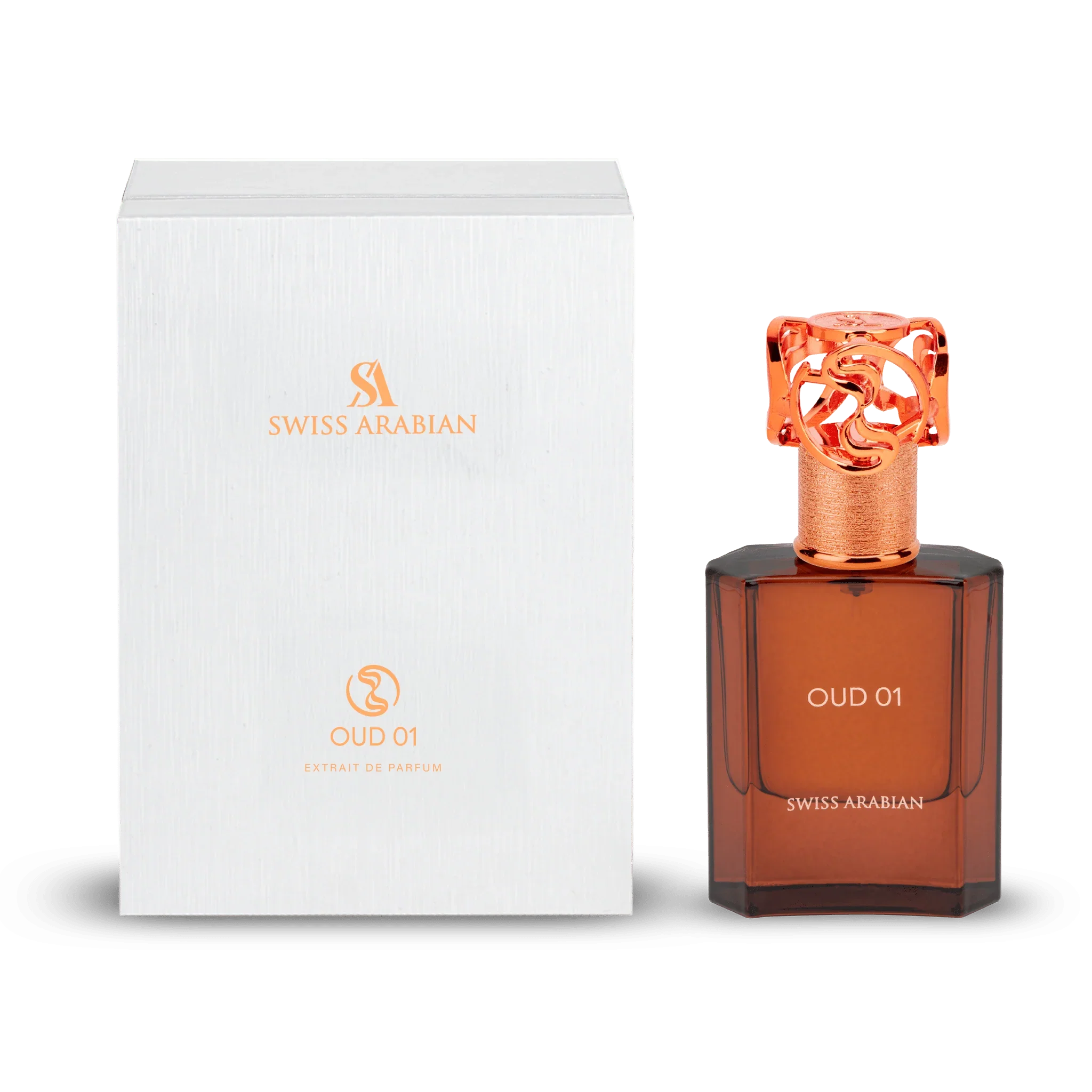 Swiss Arabian OUD 01 Extrait de Parfum mit weißer, strukturierter Verpackung und bernsteinfarbenem Glasflakon mit kupferfarbenem, ornamentalem Verschluss vor transparentem Hintergrund.