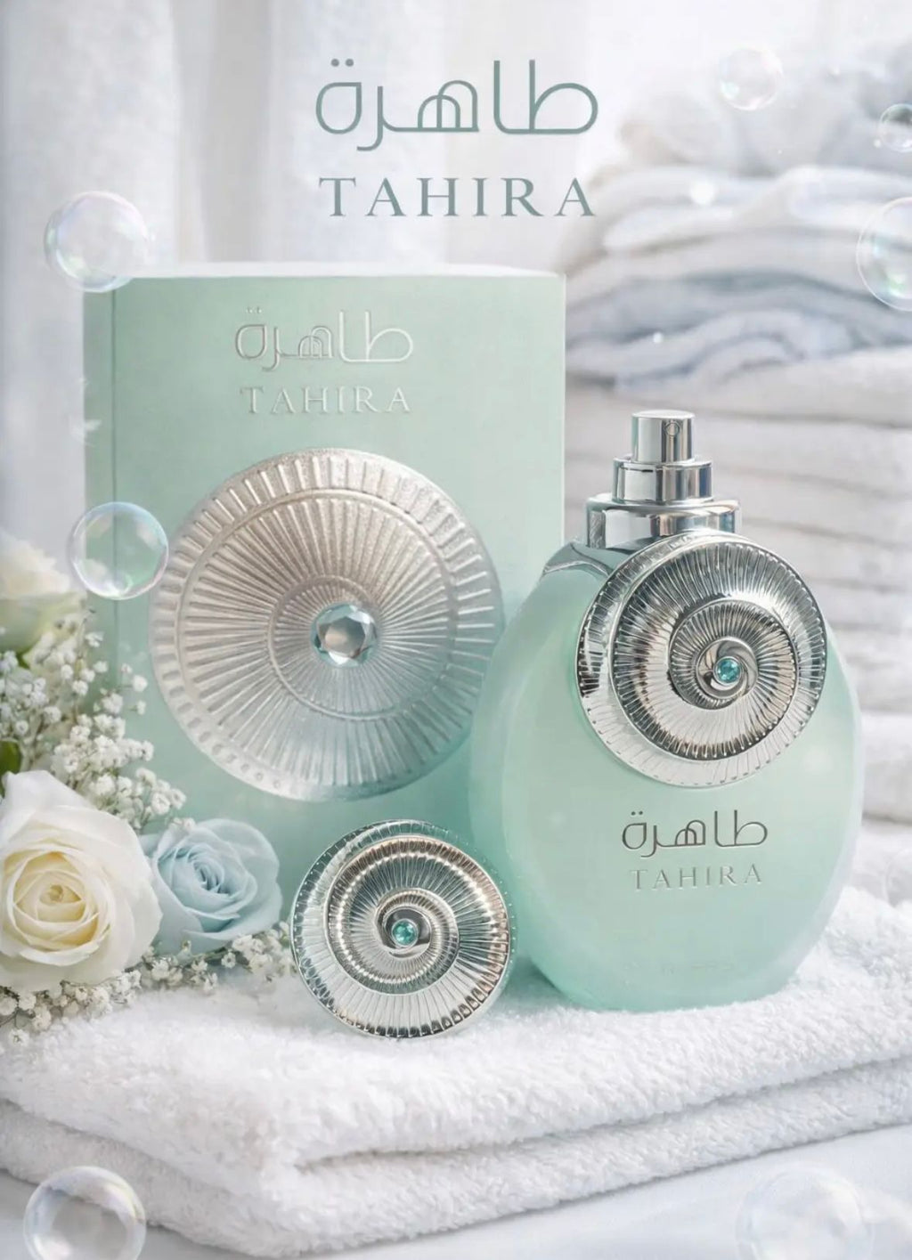 Mintgrüner Parfumflakon „Tahira“ mit silbernem, kunstvoll verziertem Verschluss und rundem Ornament mit türkisfarbenem Stein auf der Vorderseite, neben der passenden mintfarbenen Verpackung. Präsentiert auf gefalteten weißen Handtüchern mit weißen und hellblauen Rosen sowie zarten Blüten. Dezente Seifenblasen und ein heller, frischer Hintergrund unterstreichen die reine, elegante Ausstrahlung des Duftes.