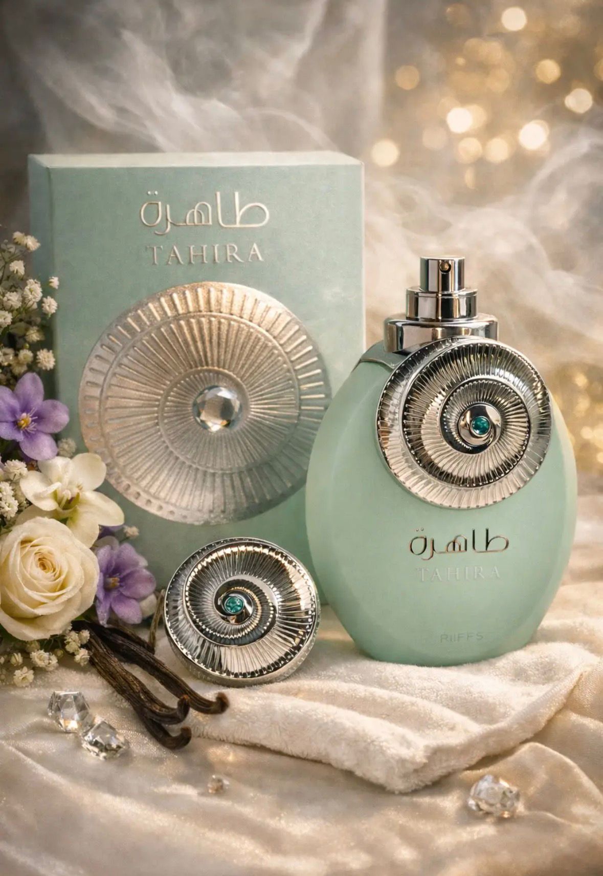 Eleganter, mintgrüner Parfumflakon „Tahira“ von RIIFFS mit silbernem, kunstvoll verziertem Verschluss und rundem Ornament mit türkisfarbenem Stein auf der Vorderseite. Daneben die passende Verpackung in Mint mit großem, kreisförmigem Relief. Inszeniert auf hellem Stoff mit weißen und violetten Blüten, Vanilleschoten und funkelnden Kristallen vor warmem, leicht nebligem Hintergrund.