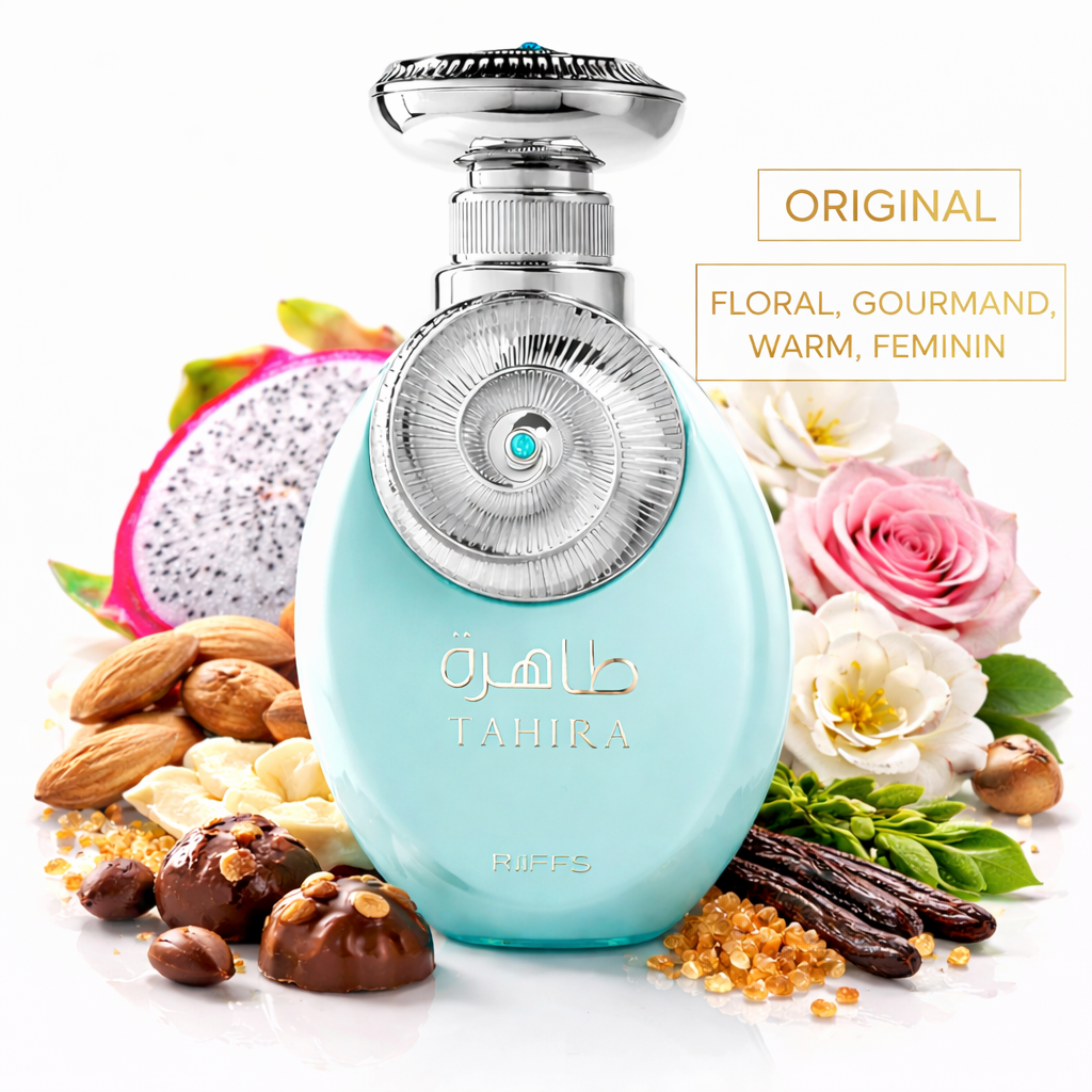 Eleganter, türkisfarbener Parfumflakon „Tahira“ von RIIFFS mit silbernem, ornamentalem Verschluss. Der Flakon steht vor floralen und gourmandigen Duftnoten wie rosa Rose, weißen Blüten, Vanilleschoten, Mandeln, Schokolade und Drachenfrucht. Rechts daneben der Hinweis „Original – Floral, Gourmand, Warm, Feminin