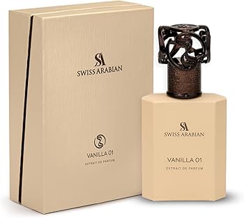Swiss Arabian Vanilla 01 Extrait de Parfum mit beiger Verpackung und passendem, eckigem Flakon mit dunklem, ornamentalem Verschluss, minimalistisch vor hellem Hintergrund präsentiert.